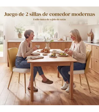 Juego de 2 Sillas de Cocina con Respaldo de PU de Imitación Ratán Patas de Acero y Asiento Acolchado Marrón y Beige
