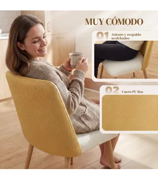 Juego de 2 Sillas de Cocina con Respaldo de PU de Imitación Ratán Patas de Acero y Asiento Acolchado Marrón y Beige