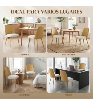 Juego de 2 Sillas de Cocina con Respaldo de PU de Imitación Ratán Patas de Acero y Asiento Acolchado Marrón y Beige