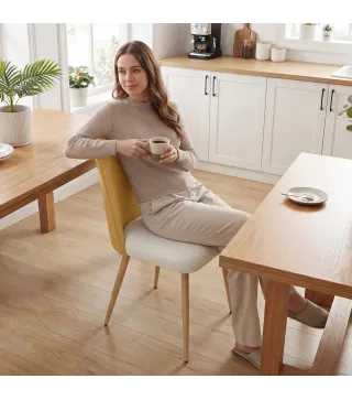 Juego de 2 Sillas de Cocina con Respaldo de PU de Imitación Ratán Patas de Acero y Asiento Acolchado Marrón y Beige