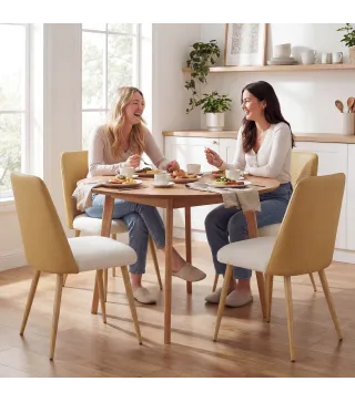 Juego de 2 Sillas de Cocina con Respaldo de PU de Imitación Ratán Patas de Acero y Asiento Acolchado Marrón y Beige