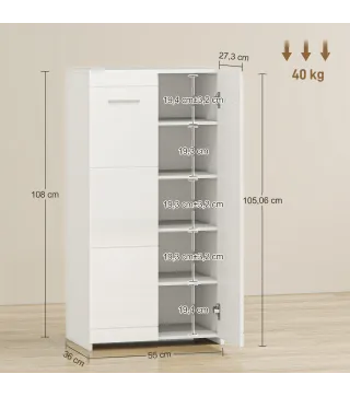 Zapatero Armario para Zapatos Moderno con Estantes Ajustables para 10 Pares de Zapatos 55x36x108 cm Blanco Brillo