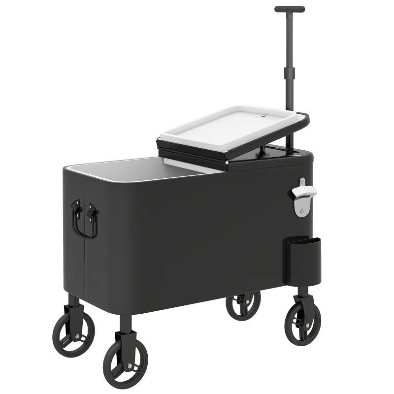 Carrito Nevera de 56L con Ruedas Mango Ajustable Abrebotellas Recogetapas Drenaje y Asa 75x35x120 cm Negro