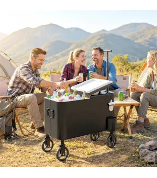 Carrito Nevera de 56L con Ruedas Mango Ajustable Abrebotellas Recogetapas Drenaje y Asa 75x35x120 cm Negro