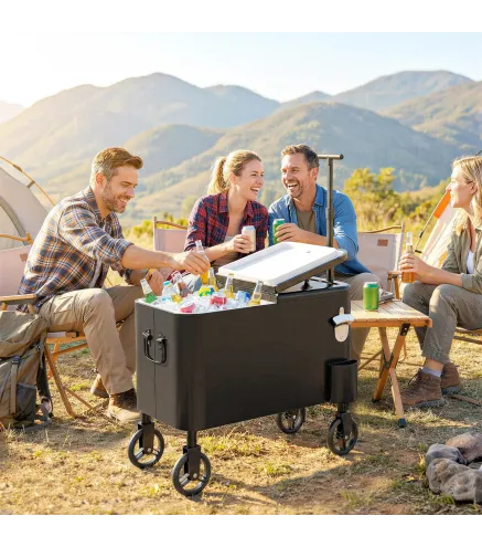 Carrito Nevera de 56L con Ruedas Mango Ajustable Abrebotellas Recogetapas Drenaje y Asa 75x35x120 cm Negro