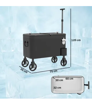 Carrito Nevera de 56L con Ruedas Mango Ajustable Abrebotellas Recogetapas Drenaje y Asa 75x35x120 cm Negro