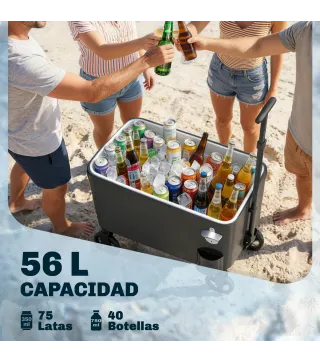 Carrito Nevera de 56L con Ruedas Mango Ajustable Abrebotellas Recogetapas Drenaje y Asa 75x35x120 cm Negro