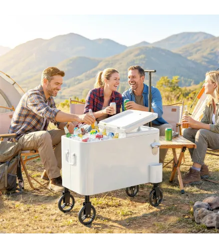 Carrito Nevera de 56L con Ruedas Mango Ajustable Abrebotellas Recogetapas Drenaje y Asa 75x35x120 cm Blanco