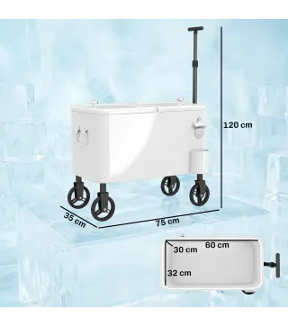 Carrito Nevera de 56L con Ruedas Mango Ajustable Abrebotellas Recogetapas Drenaje y Asa 75x35x120 cm Blanco