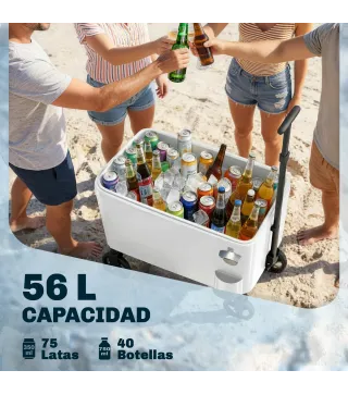 Carrito Nevera de 56L con Ruedas Mango Ajustable Abrebotellas Recogetapas Drenaje y Asa 75x35x120 cm Blanco