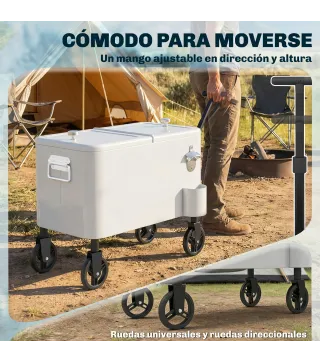 Carrito Nevera de 56L con Ruedas Mango Ajustable Abrebotellas Recogetapas Drenaje y Asa 75x35x120 cm Blanco
