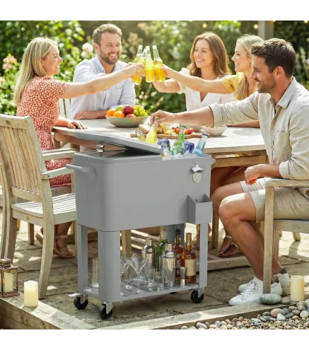Carrito Nevera de 76L con Ruedas Estante Abrebotellas Recogetapas Drenaje y 2 Asas para Patio Fiesta 92x39x81 cm Plata