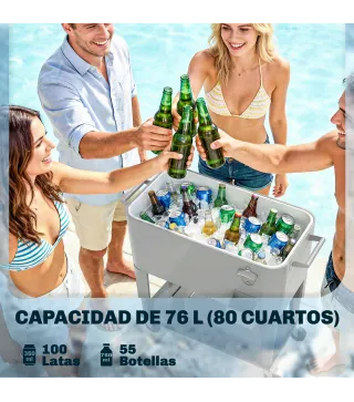 Carrito Nevera de 76L con Ruedas Estante Abrebotellas Recogetapas Drenaje y 2 Asas para Patio Fiesta 92x39x81 cm Plata