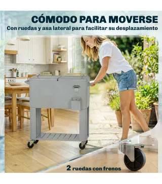 Carrito Nevera de 76L con Ruedas Estante Abrebotellas Recogetapas Drenaje y 2 Asas para Patio Fiesta 92x39x81 cm Plata