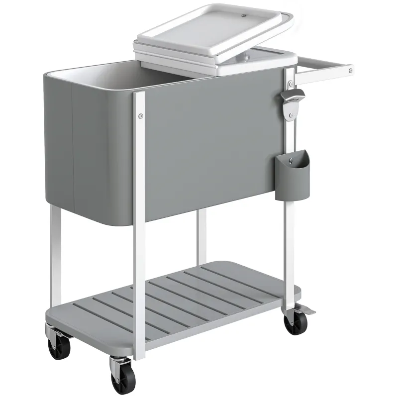 Carrito Nevera de 56L con Ruedas Estante Abrebotellas Recogetapas Drenaje y Asa para Patio Fiesta 84x38x83 cm Gris