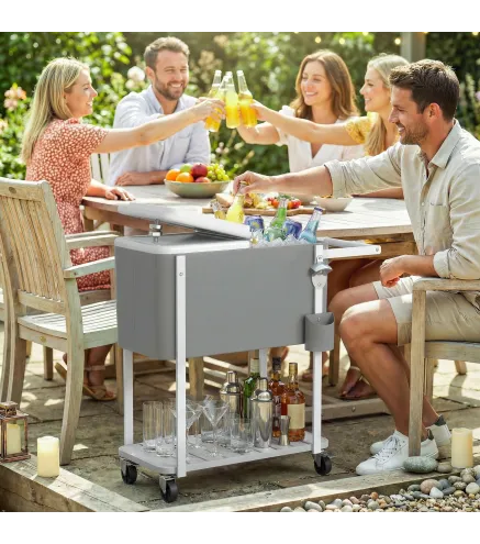 Carrito Nevera de 56L con Ruedas Estante Abrebotellas Recogetapas Drenaje y Asa para Patio Fiesta 84x38x83 cm Gris
