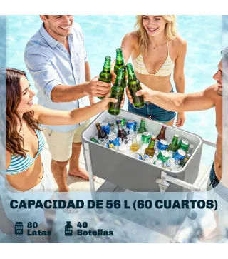 Carrito Nevera de 56L con Ruedas Estante Abrebotellas Recogetapas Drenaje y Asa para Patio Fiesta 84x38x83 cm Gris