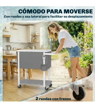 Carrito Nevera de 56L con Ruedas Estante Abrebotellas Recogetapas Drenaje y Asa para Patio Fiesta 84x38x83 cm Gris