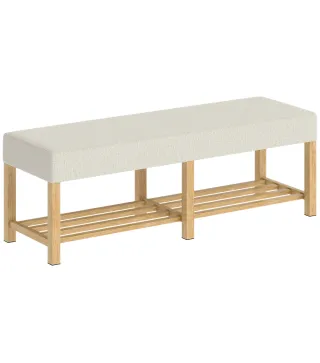 Banco Zapatero con Asiento Acolchado 2 Personas Estante Abierto Marco de Madera 140x44x48 cm Crema y Madera Natural