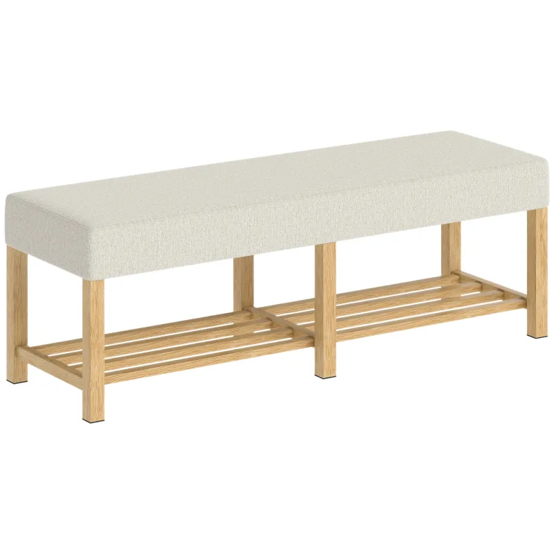 Banco Zapatero con Asiento Acolchado 2 Personas Estante Abierto Marco de Madera 140x44x48 cm Crema y Madera Natural