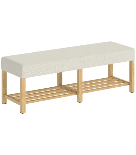 Banco Zapatero con Asiento Acolchado 2 Personas Estante Abierto Marco de Madera 140x44x48 cm Crema y Madera Natural