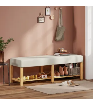 Banco Zapatero con Asiento Acolchado 2 Personas Estante Abierto Marco de Madera 140x44x48 cm Crema y Madera Natural