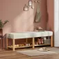 Banco Zapatero con Asiento Acolchado 2 Personas Estante Abierto Marco de Madera 140x44x48 cm Crema y Madera Natural