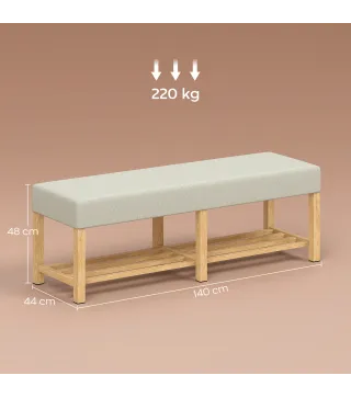 Banco Zapatero con Asiento Acolchado 2 Personas Estante Abierto Marco de Madera 140x44x48 cm Crema y Madera Natural
