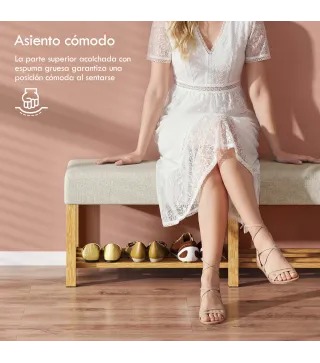 Banco Zapatero con Asiento Acolchado 2 Personas Estante Abierto Marco de Madera 140x44x48 cm Crema y Madera Natural
