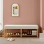 Banco Zapatero con Asiento Acolchado 2 Personas Estante Abierto Marco de Madera 140x44x48 cm Crema y Madera Natural