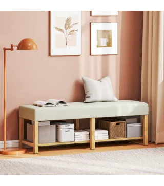 Banco Zapatero con Asiento Acolchado 2 Personas Estante Abierto Marco de Madera 140x44x48 cm Crema y Madera Natural