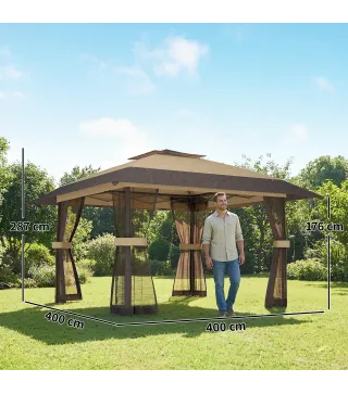 Carpa Plegable 4x4 m Pop-up con Doble Techo 4 Laterales de Malla Altura Ajustable Bolsa Transporte UPF30+ Caqui