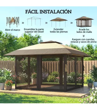 Carpa Plegable 4x4 m Pop-up con Doble Techo 4 Laterales de Malla Altura Ajustable Bolsa Transporte UPF30+ Caqui