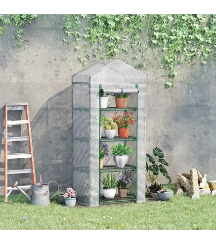 Invernadero de Exterior con 4 Estantes, Invernadero Pequeño con Puerta Enrollable, Marco de Acero y Cubierta de PE 140g/㎡, Anti-