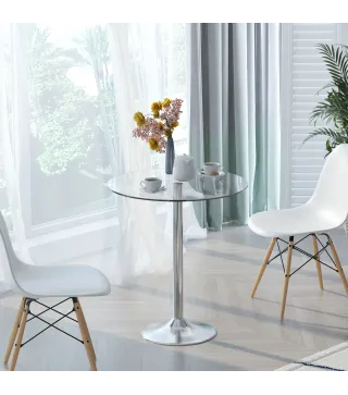 Mesa de Comedor Redonda para 2 Personas Mesa de Cocina Moderna con Superficie de Vidrio Templado para Salón Plateada