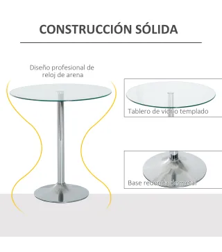 Mesa de Comedor Redonda para 2 Personas Mesa de Cocina Moderna con Superficie de Vidrio Templado para Salón Plateada