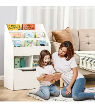 Estanteria Infantil de Madera con 3 Compartimentos 2 Cubos y Cajon Movil con 4 Ruedas 60x29,9x90 cm Blanco