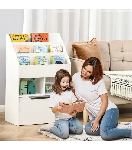 Estanteria Infantil de Madera con 3 Compartimentos 2 Cubos y Cajon Movil con 4 Ruedas 60x29,9x90 cm Blanco