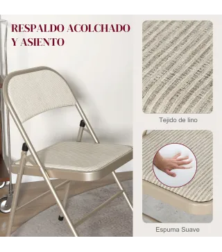 Juego de 4 Sillas Plegables Tapizadas en Lino Sintético con Respaldo y Estructura de Acero para Salón 45x46x78 cm Beige
