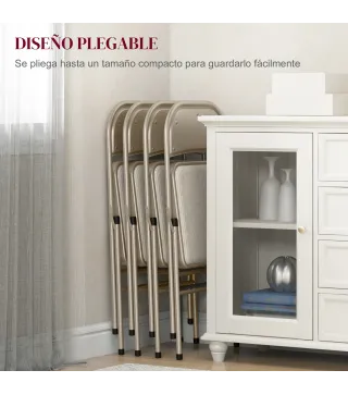 Juego de 4 Sillas Plegables Tapizadas en Lino Sintético con Respaldo y Estructura de Acero para Salón 45x46x78 cm Beige