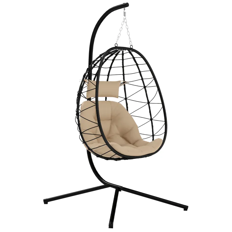 Silla Colgante Huevo con Soporte con Cesta Plegable Cojín y Reposacabezas para Interior y Exterior Carga 120 kg Caqui
