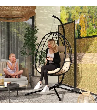 Silla Colgante Huevo con Soporte con Cesta Plegable Cojín y Reposacabezas para Interior y Exterior Carga 120 kg Caqui