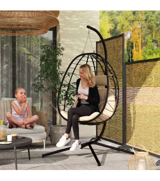 Silla Colgante Huevo con Soporte con Cesta Plegable Cojín y Reposacabezas para Interior y Exterior Carga 120 kg Caqui