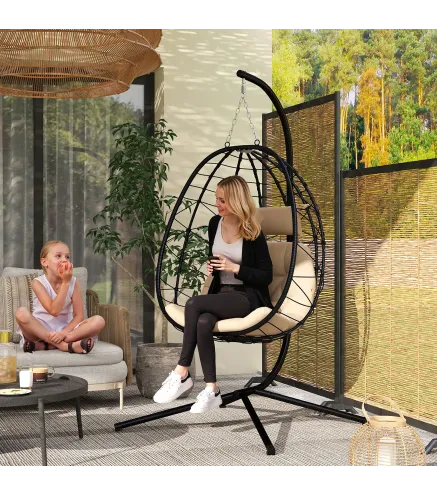 Silla Colgante Huevo con Soporte con Cesta Plegable Cojín y Reposacabezas para Interior y Exterior Carga 120 kg Caqui