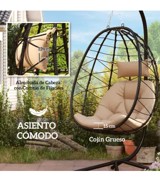 Silla Colgante Huevo con Soporte con Cesta Plegable Cojín y Reposacabezas para Interior y Exterior Carga 120 kg Caqui