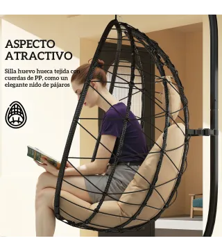 Silla Colgante Huevo con Soporte con Cesta Plegable Cojín y Reposacabezas para Interior y Exterior Carga 120 kg Caqui
