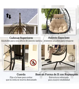 Silla Colgante Huevo con Soporte con Cesta Plegable Cojín y Reposacabezas para Interior y Exterior Carga 120 kg Caqui