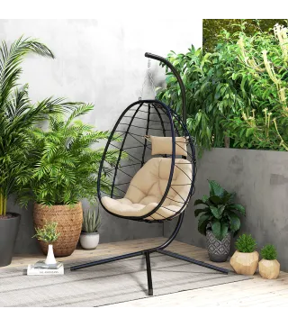 Silla Colgante Huevo con Soporte con Cesta Plegable Cojín y Reposacabezas para Interior y Exterior Carga 120 kg Caqui
