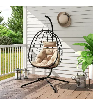 Silla Colgante Huevo con Soporte con Cesta Plegable Cojín y Reposacabezas para Interior y Exterior Carga 120 kg Caqui