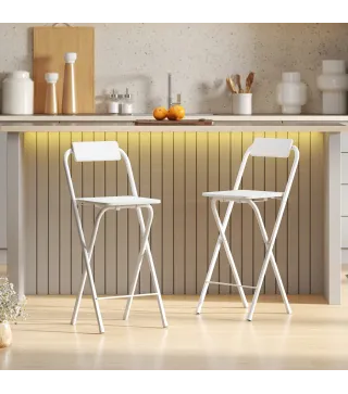 Juego de 2 Taburetes de Bar Plegables con Respaldo Reposapiés y Marco de Acero para Comedor Mostrador Blanco